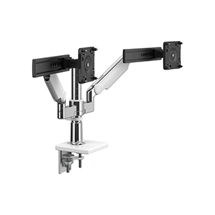 M/Flex Avec bras de moniteur M2.1 et glissière (2), support de bras double, montage avec pince en deux parties, aluminium poli avec finition blanc